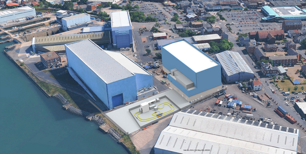 Mock-up of new Cable Pre-Qualification Facility. The image features large wharehouse type buildings on the shore at the Port of Blyth.