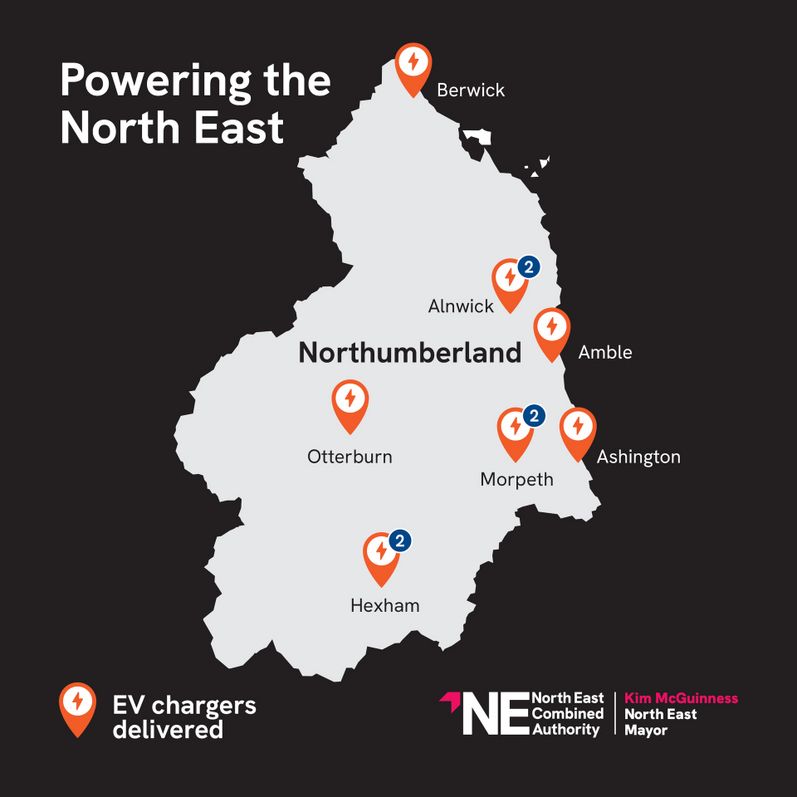 Map of Northumberland with pin points where EV chargers have been delivered